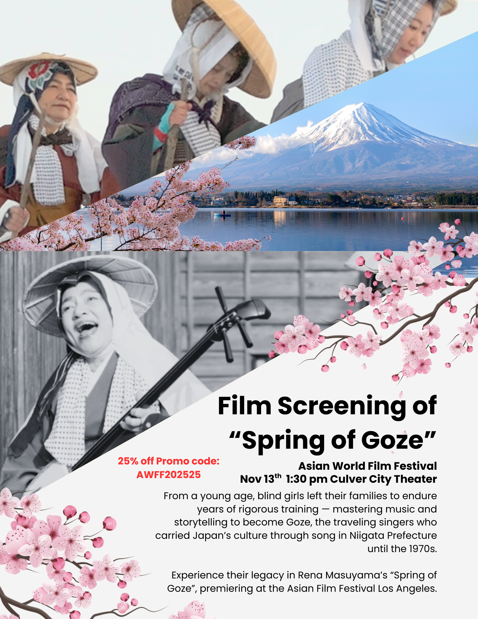 Promotional poster for the film 'Spring of Goze' at the Asian World Film Festival, featuring images of women in traditional attire, cherry blossoms, Mount Fuji, and details about the film screening.