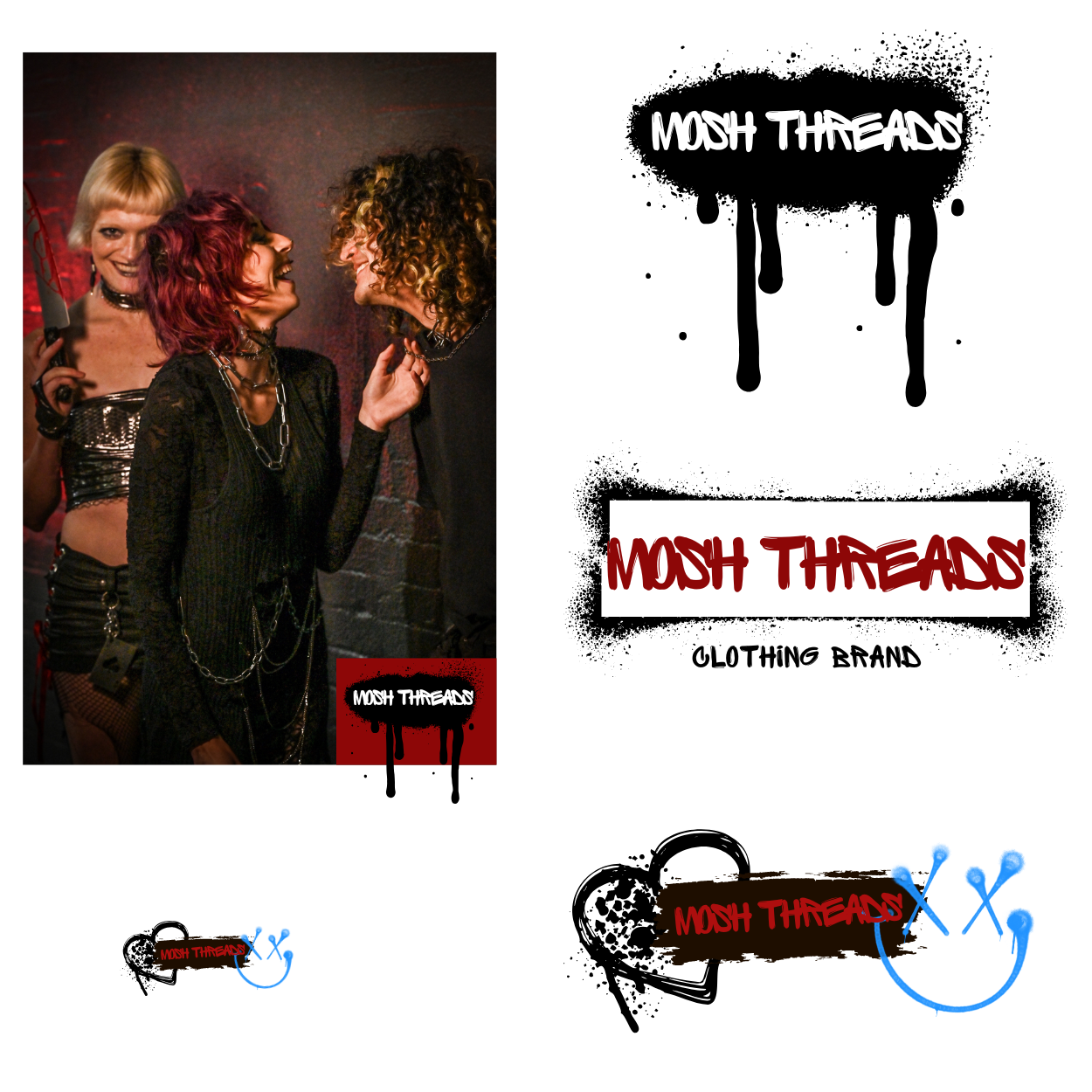 Three individuals posing in a stylish, edgy manner against a dark backdrop, showcasing fashion influenced by punk and alternative styles. The image features bold graphic elements and text branding for 'Mosh Threads.'