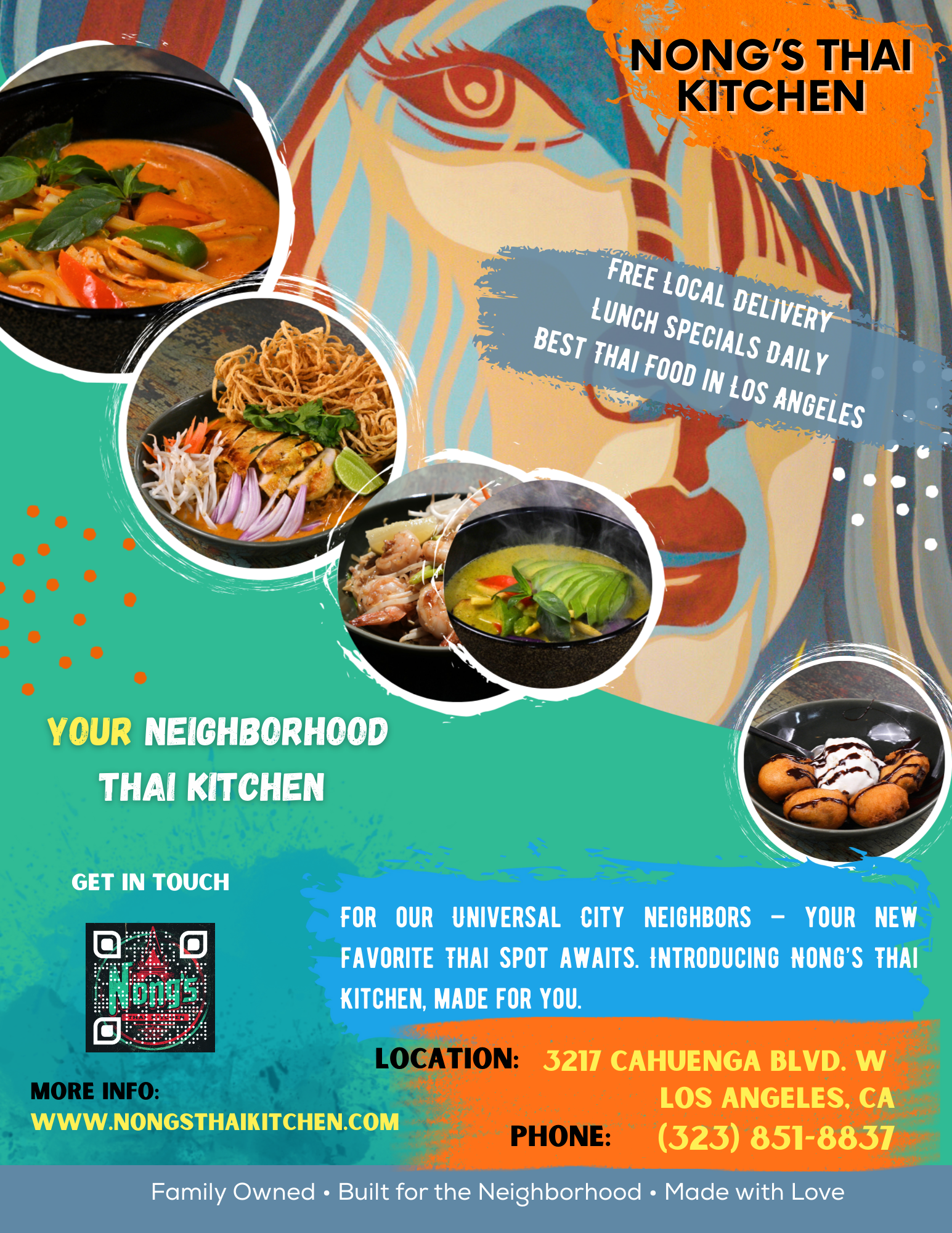 Promotional flyer for Nong's Thai Kitchen featuring vibrant dishes like curry, noodles, and seafood, with details about free local delivery and lunch specials in Los Angeles.