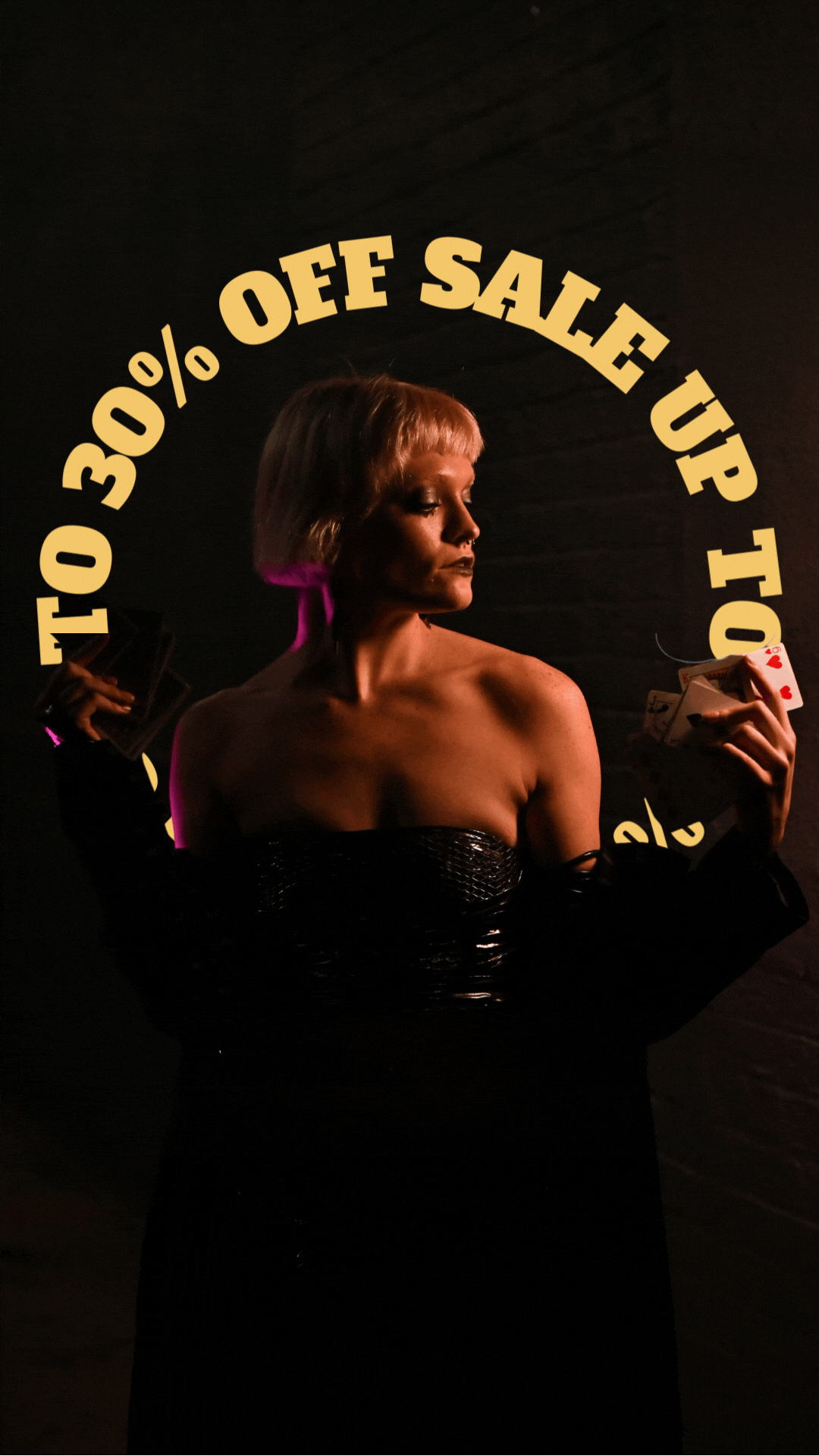 A glamorous person holding playing cards with an advertisement for a sale offering up to 30% off, set against a dark background.